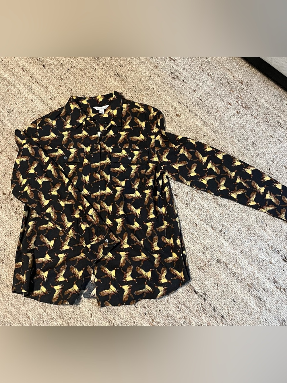 L.L. Bean Black Button-Down Shirt with Gold Bird Print